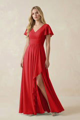 V - Neck Flutter Sleeve A - Line Chiffon Bridesmaid Dress in Ruby Red - KISS BRIDAL Bridesmaid Dresses