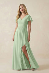 V - Neck Flutter Sleeve A - Line Chiffon Bridesmaid Dress in Sage - KISS BRIDAL Bridesmaid Dresses