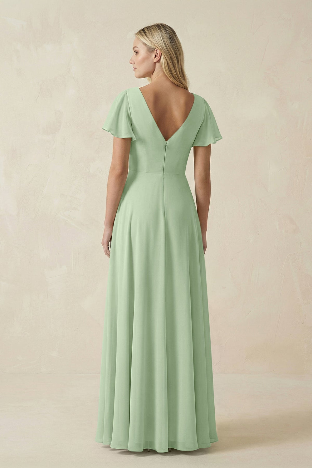 V - Neck Flutter Sleeve A - Line Chiffon Bridesmaid Dress in Sage - SHE IS ME Bridesmaid Dresses