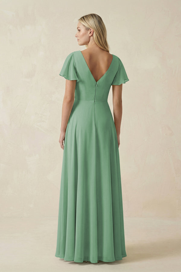 V - Neck Flutter Sleeve A - Line Chiffon Bridesmaid Dress in Sea Glass - SHE IS ME Bridesmaid Dresses