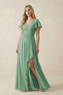 V - Neck Flutter Sleeve A - Line Chiffon Bridesmaid Dress in Sea Glass - SHE IS ME Bridesmaid Dresses