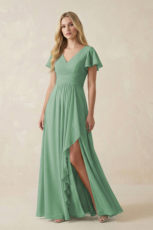 V - Neck Flutter Sleeve A - Line Chiffon Bridesmaid Dress in Sea Glass - SHE IS ME Bridesmaid Dresses