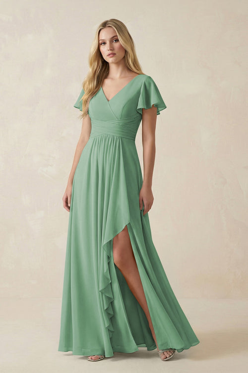 V - Neck Flutter Sleeve A - Line Chiffon Bridesmaid Dress in Sea Glass - SHE IS ME Bridesmaid Dresses
