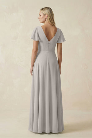 V - Neck Flutter Sleeve A - Line Chiffon Bridesmaid Dress in Silver - SHE IS ME Bridesmaid Dresses