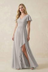 V - Neck Flutter Sleeve A - Line Chiffon Bridesmaid Dress in Silver - KISS BRIDAL Bridesmaid Dresses