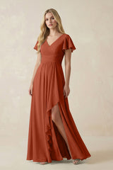 V - Neck Flutter Sleeve A - Line Chiffon Bridesmaid Dress in Spice - KISS BRIDAL Bridesmaid Dresses