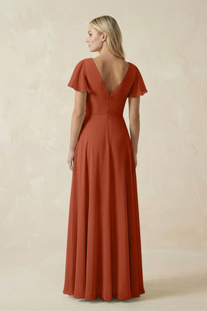 V - Neck Flutter Sleeve A - Line Chiffon Bridesmaid Dress in Spice - SHE IS ME Bridesmaid Dresses