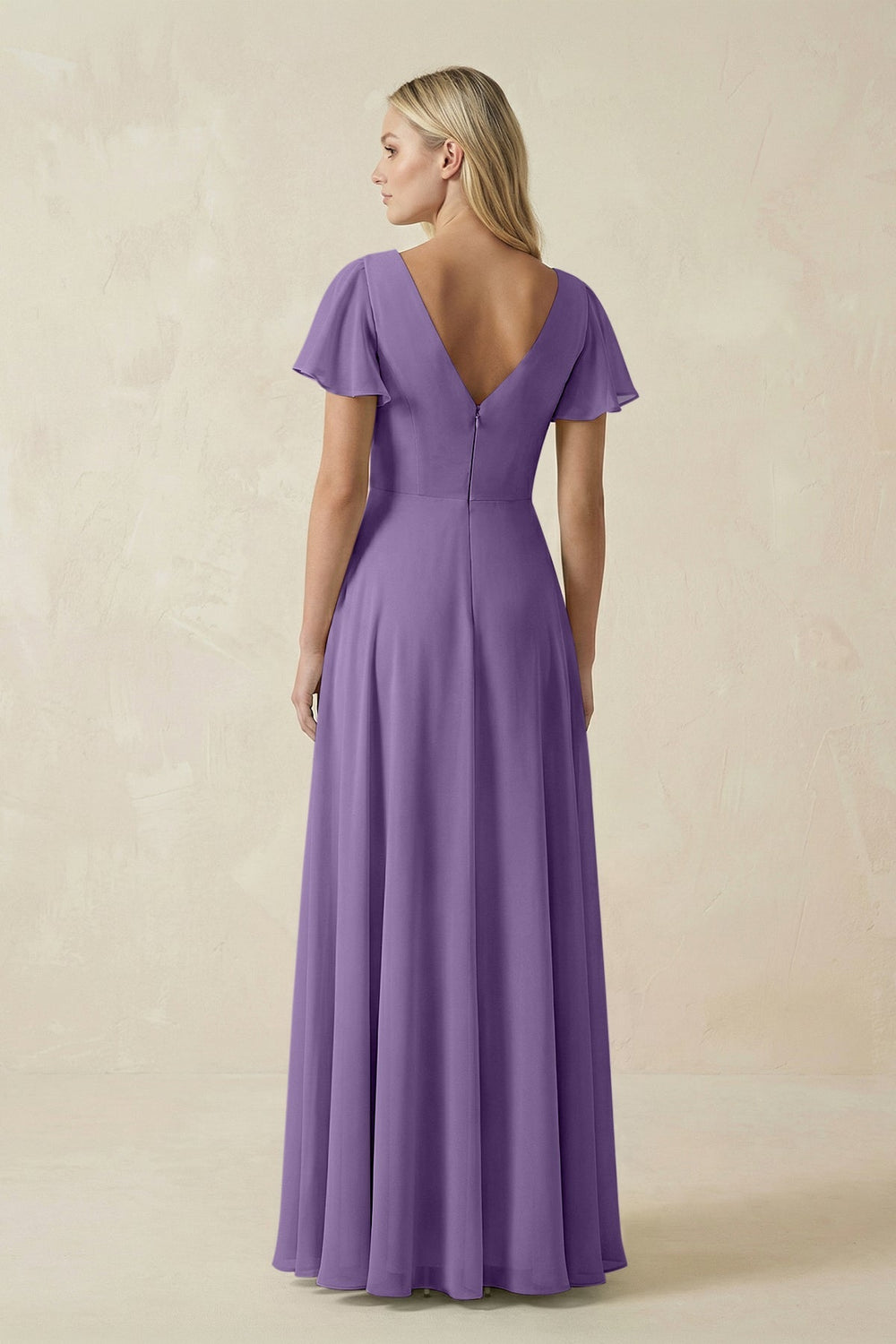 V - Neck Flutter Sleeve A - Line Chiffon Bridesmaid Dress in Tahiti - SHE IS ME Bridesmaid Dresses