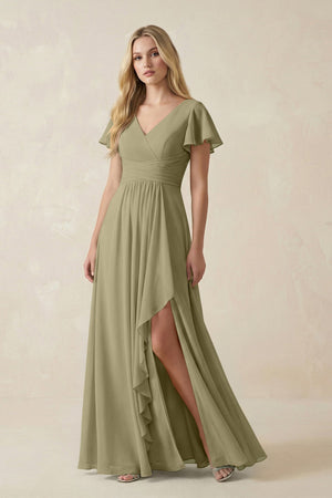 V - Neck Flutter Sleeve A - Line Chiffon Bridesmaid Dress in Thyme - SHE IS ME Bridesmaid Dresses