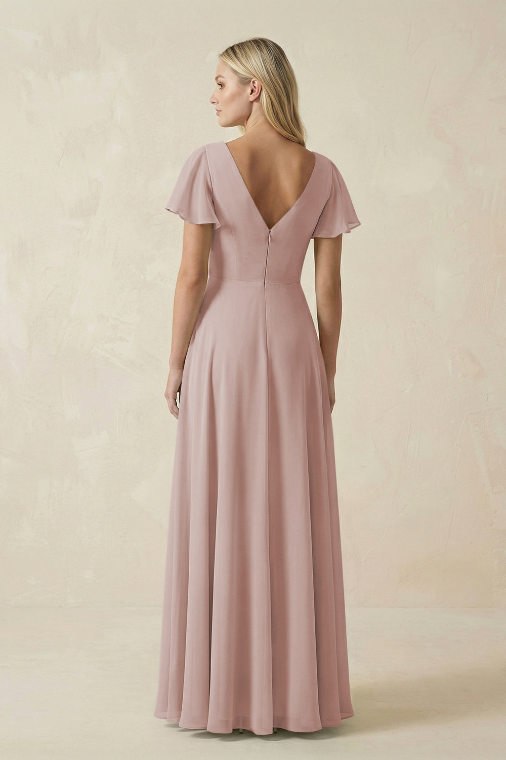V-Neck Flutter Sleeve A-Line Chiffon Bridesmaid Dress in Toffee