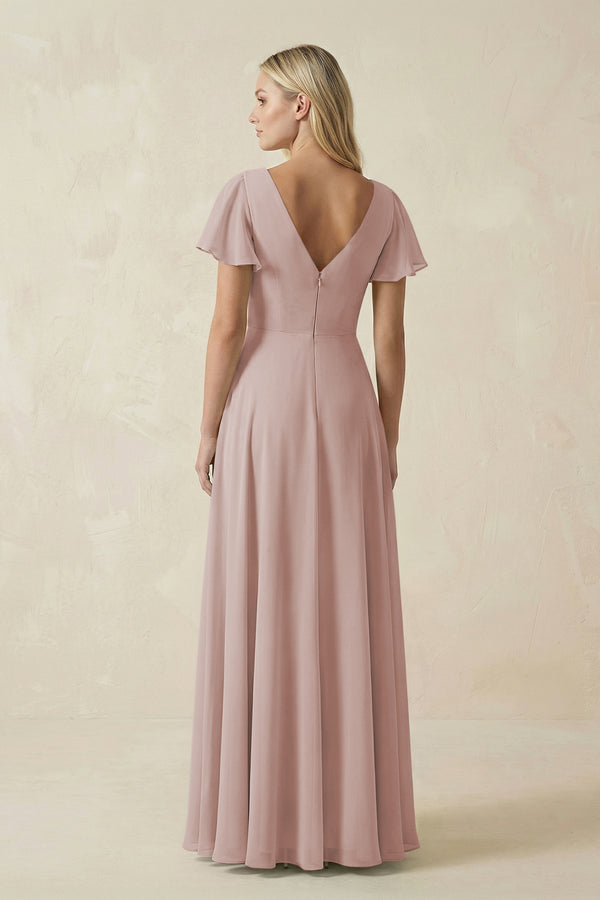V-Neck Flutter Sleeve A-Line Chiffon Bridesmaid Dress in Toffee (2) | KISSBRIDAL