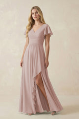 V-Neck Flutter Sleeve A-Line Chiffon Bridesmaid Dress in Toffee | KISSBRIDAL