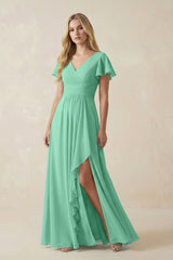 V - Neck Flutter Sleeve A - Line Chiffon Bridesmaid Dress in Turquoise - KISS BRIDAL Bridesmaid Dresses