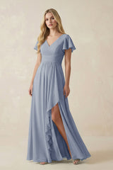 V - Neck Flutter Sleeve A - Line Chiffon Bridesmaid Dress in Twilight - KISS BRIDAL Bridesmaid Dresses