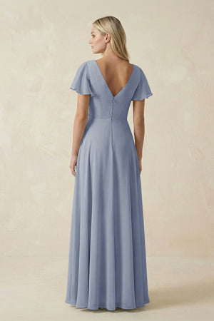 V - Neck Flutter Sleeve A - Line Chiffon Bridesmaid Dress in Twilight - SHE IS ME Bridesmaid Dresses