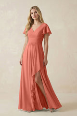 V - Neck Flutter Sleeve A - Line Chiffon Bridesmaid Dress in Wild Rose - KISS BRIDAL Bridesmaid Dresses