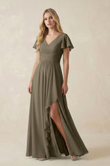 V - Neck Flutter Sleeve A - Line Chiffon Bridesmaid Dress in Willow Green - KISS BRIDAL Bridesmaid Dresses