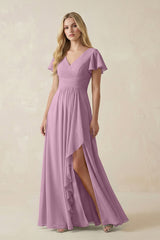 V - Neck Flutter Sleeve A - Line Chiffon Bridesmaid Dress in Wisteria - KISS BRIDAL Bridesmaid Dresses