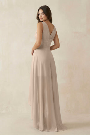 V - Neck High - Low Chiffon Bridesmaid Dress in Almond - SHE IS ME Bridesmaid Dresses