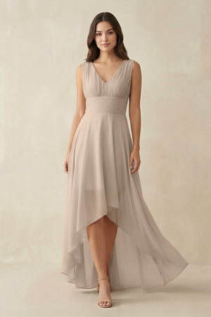 V - Neck High - Low Chiffon Bridesmaid Dress in Almond - SHE IS ME Bridesmaid Dresses
