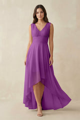 V - Neck High - Low Chiffon Bridesmaid Dress in Amethyst - KISS BRIDAL Bridesmaid Dresses