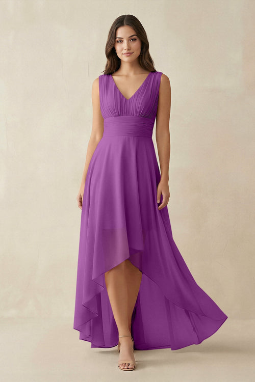 V - Neck High - Low Chiffon Bridesmaid Dress in Amethyst - SHE IS ME Bridesmaid Dresses