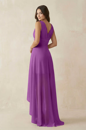 V - Neck High - Low Chiffon Bridesmaid Dress in Amethyst - SHE IS ME Bridesmaid Dresses
