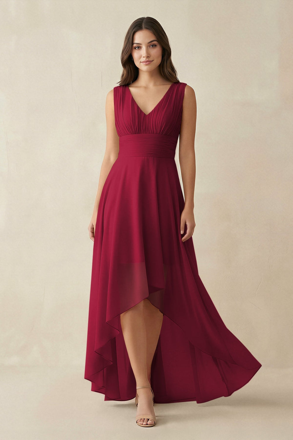V - Neck High - Low Chiffon Bridesmaid Dress in Berry - KISS BRIDAL Bridesmaid Dresses