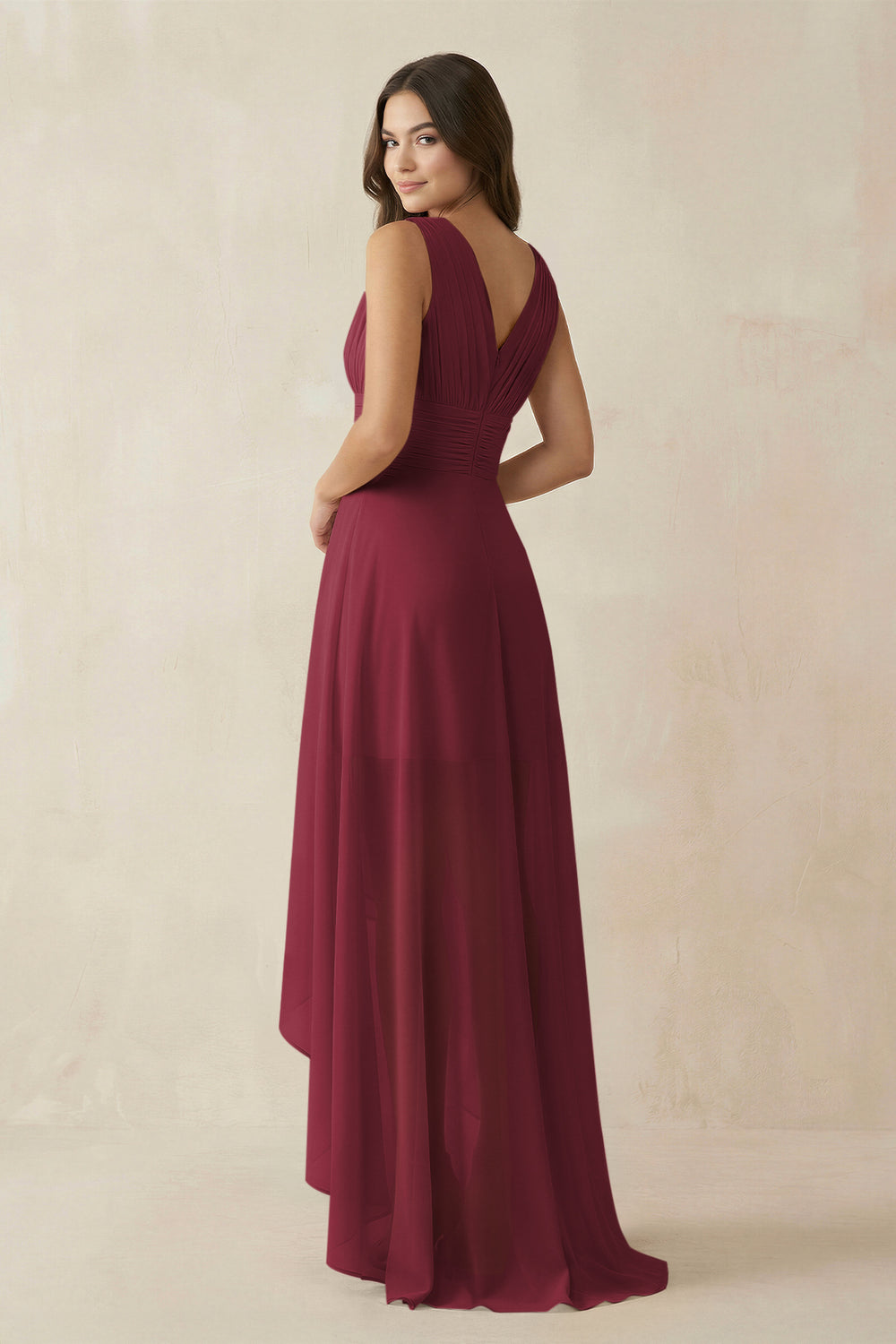 V-Neck High-Low Chiffon Bridesmaid Dress in Berry