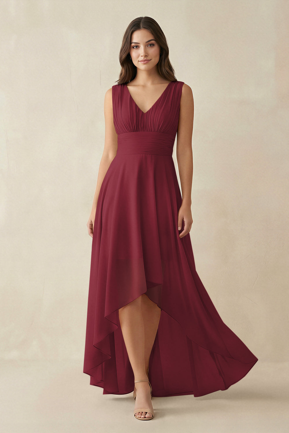 V-Neck High-Low Chiffon Bridesmaid Dress in Berry