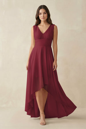 V - Neck High - Low Chiffon Bridesmaid Dress in Berry - KISS BRIDAL Bridesmaid Dresses