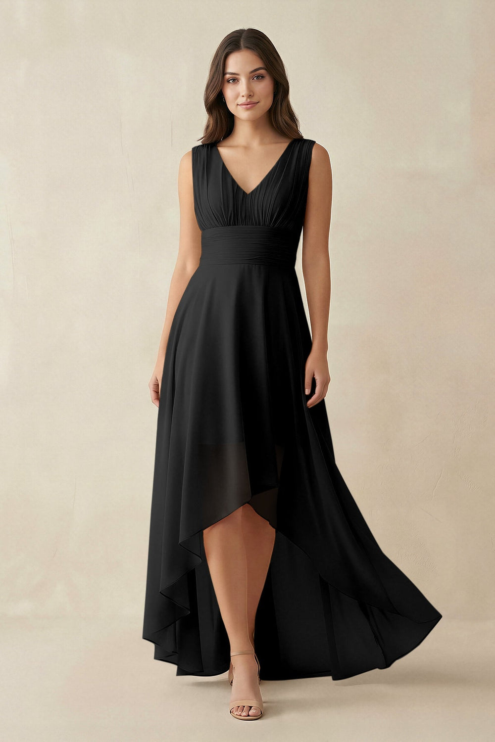 V - Neck High - Low Chiffon Bridesmaid Dress in Black - KISS BRIDAL Bridesmaid Dresses