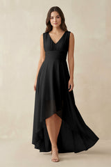V - Neck High - Low Chiffon Bridesmaid Dress in Black - KISS BRIDAL Bridesmaid Dresses