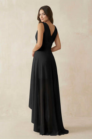 V - Neck High - Low Chiffon Bridesmaid Dress in Black - SHE IS ME Bridesmaid Dresses