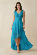 V - Neck High - Low Chiffon Bridesmaid Dress in Blue Jay - SHE IS ME Bridesmaid Dresses
