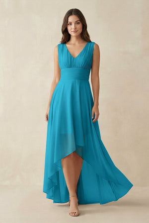 V - Neck High - Low Chiffon Bridesmaid Dress in Blue Jay - SHE IS ME Bridesmaid Dresses