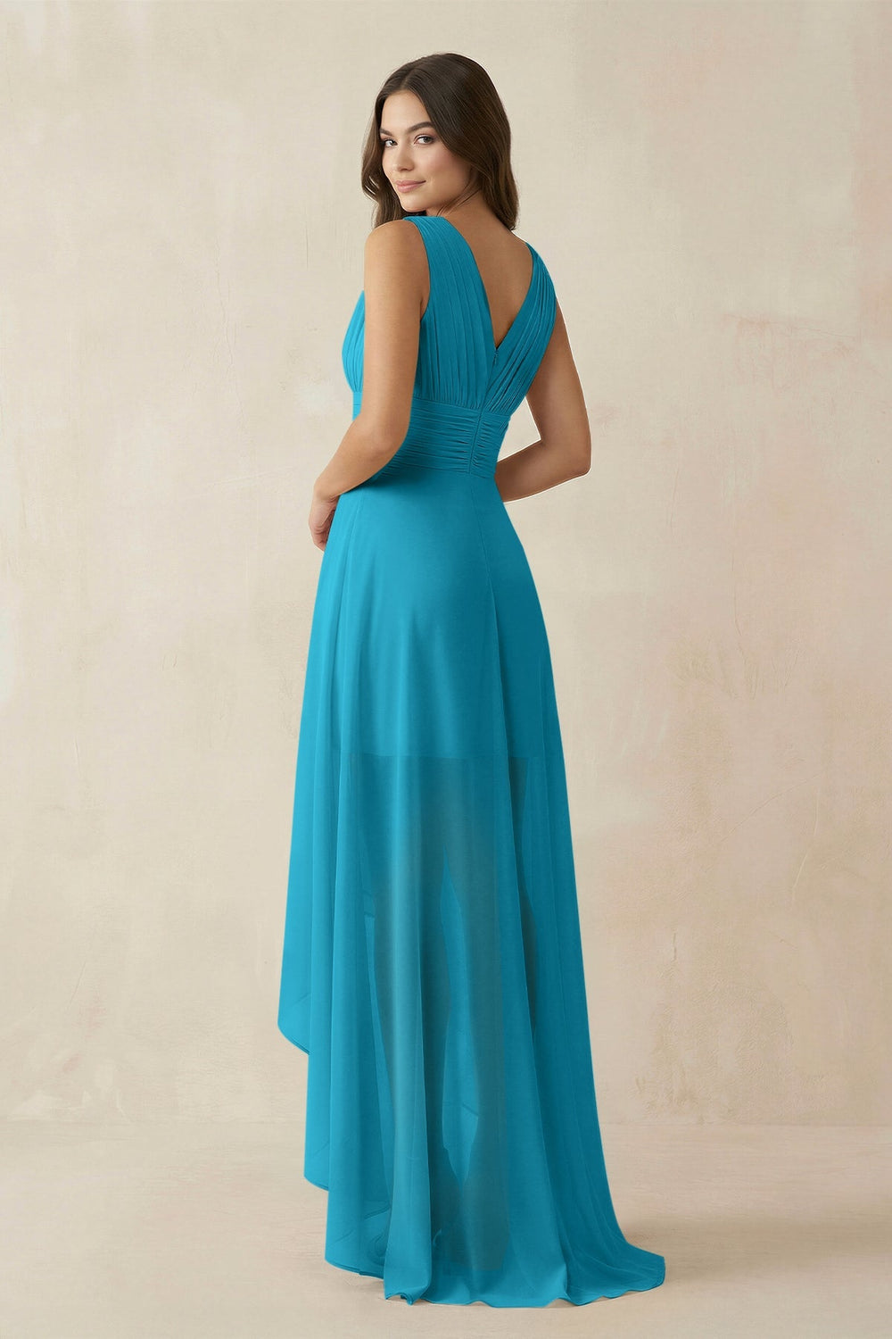 V - Neck High - Low Chiffon Bridesmaid Dress in Blue Jay - KISS BRIDAL Bridesmaid Dresses