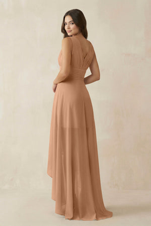 V - Neck High - Low Chiffon Bridesmaid Dress in Bronzer - SHE IS ME Bridesmaid Dresses
