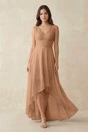 V - Neck High - Low Chiffon Bridesmaid Dress in Bronzer - SHE IS ME Bridesmaid Dresses