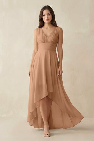 V - Neck High - Low Chiffon Bridesmaid Dress in Bronzer - SHE IS ME Bridesmaid Dresses