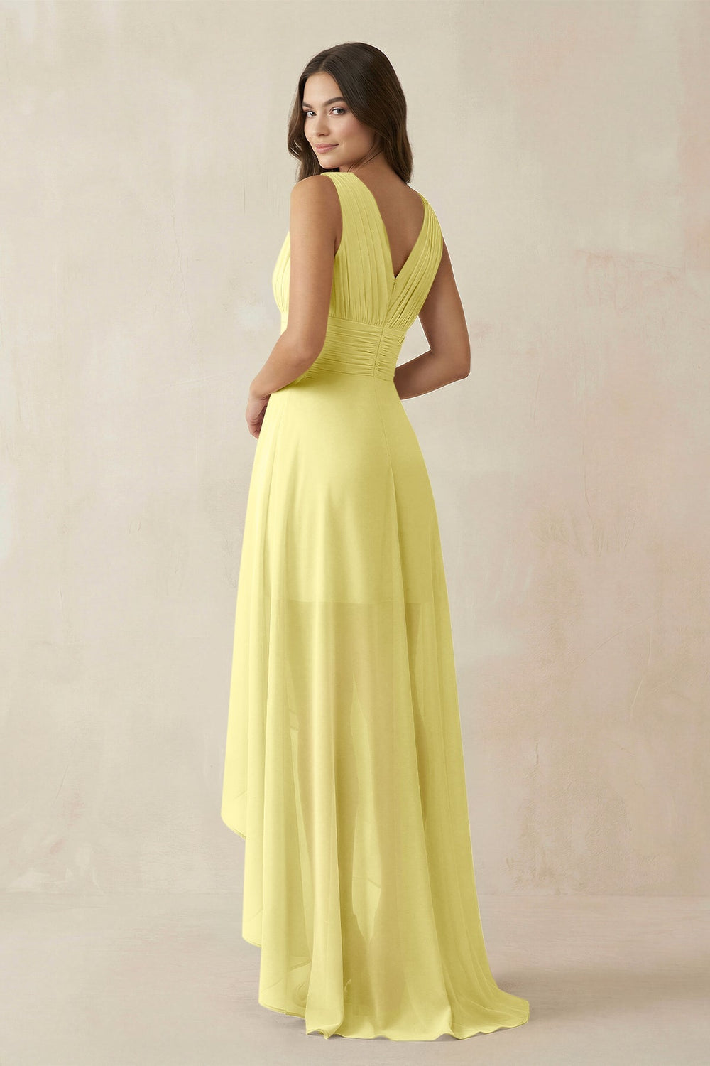 V - Neck High - Low Chiffon Bridesmaid Dress in Buttercup - KISS BRIDAL Bridesmaid Dresses