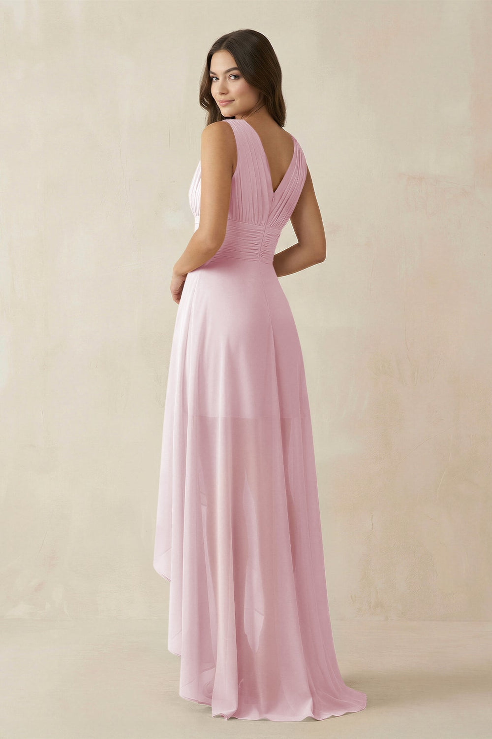 V - Neck High - Low Chiffon Bridesmaid Dress in Candy Pink - KISS BRIDAL Bridesmaid Dresses