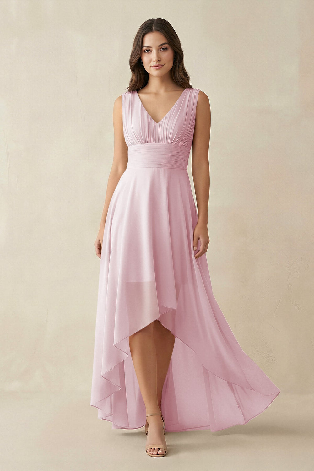 V - Neck High - Low Chiffon Bridesmaid Dress in Candy Pink - KISS BRIDAL Bridesmaid Dresses
