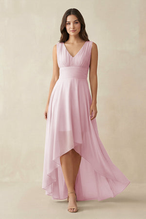 V - Neck High - Low Chiffon Bridesmaid Dress in Candy Pink - SHE IS ME Bridesmaid Dresses