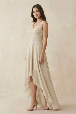 V - Neck High - Low Chiffon Bridesmaid Dress in Champagne - SHE IS ME Bridesmaid Dresses