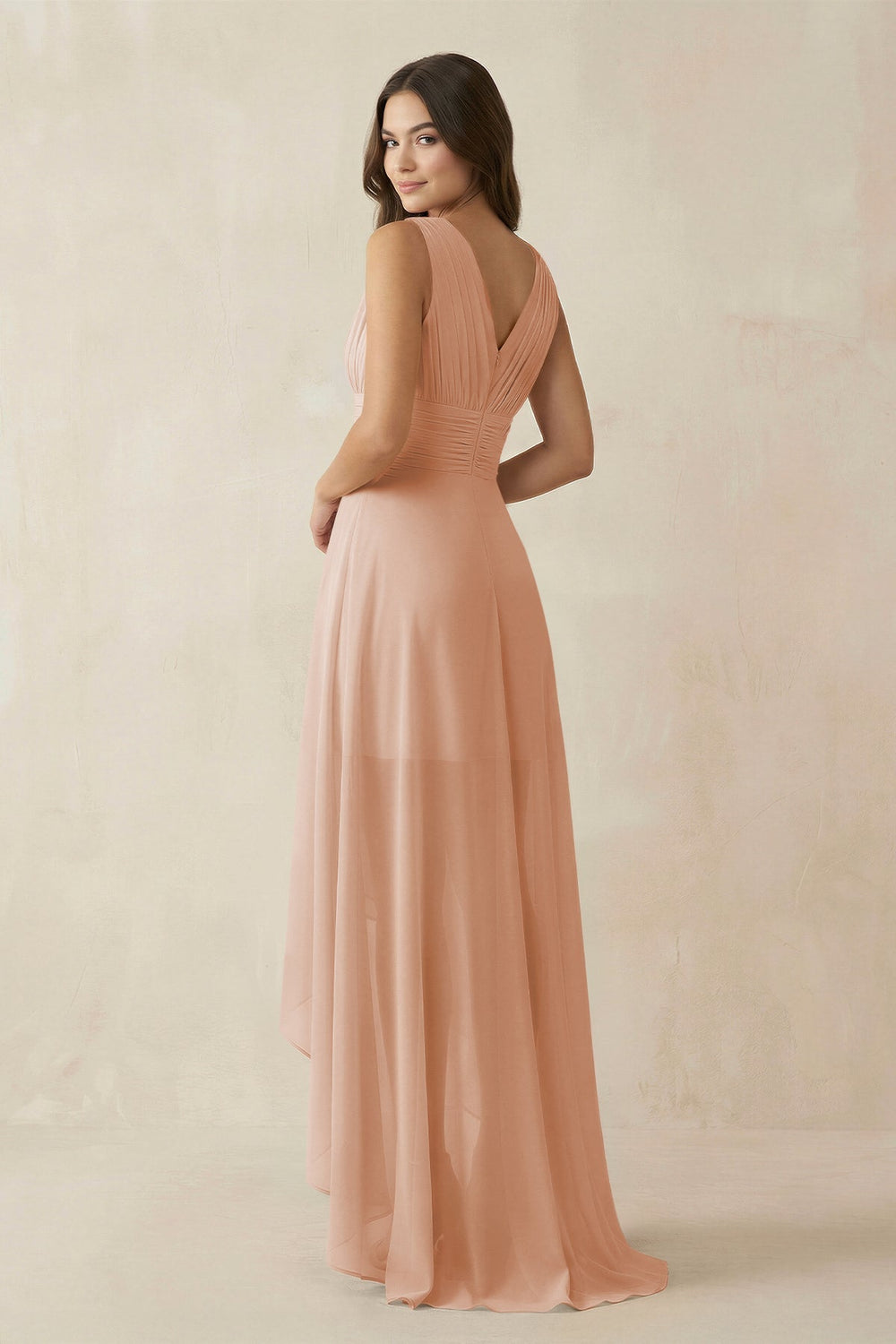 V - Neck High - Low Chiffon Bridesmaid Dress in Champagne Rose - KISS BRIDAL Bridesmaid Dresses