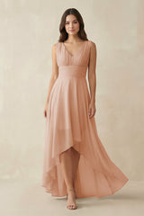 V - Neck High - Low Chiffon Bridesmaid Dress in Champagne Rose - KISS BRIDAL Bridesmaid Dresses