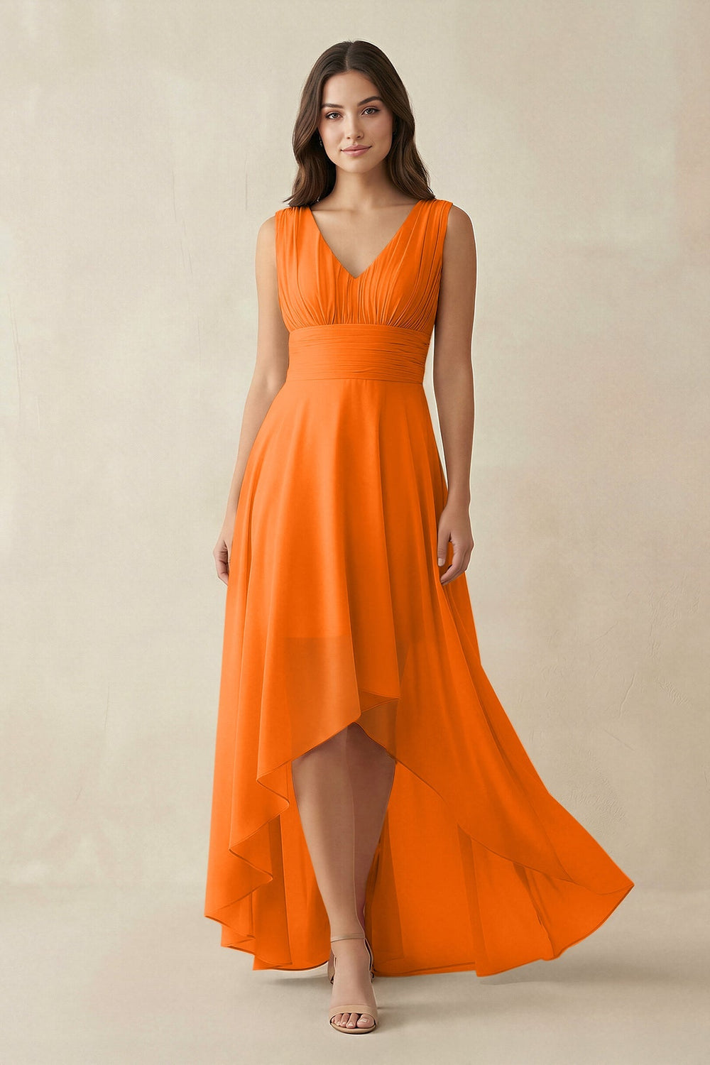 V - Neck High - Low Chiffon Bridesmaid Dress in Cinnamon - KISS BRIDAL Bridesmaid Dresses
