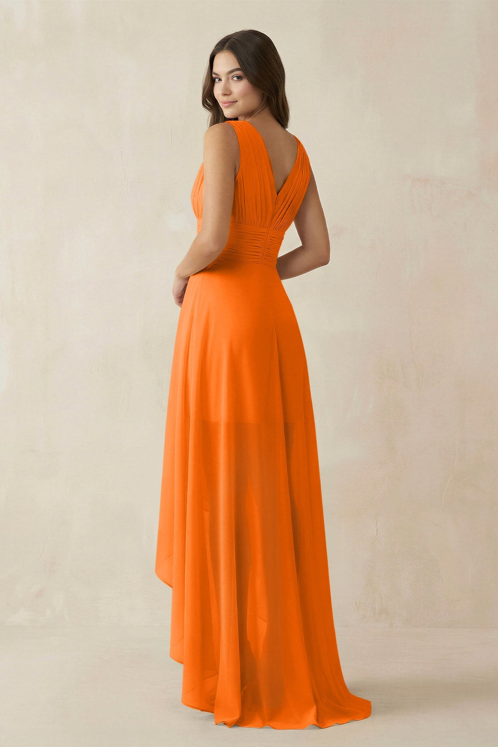 V - Neck High - Low Chiffon Bridesmaid Dress in Cinnamon - KISS BRIDAL Bridesmaid Dresses