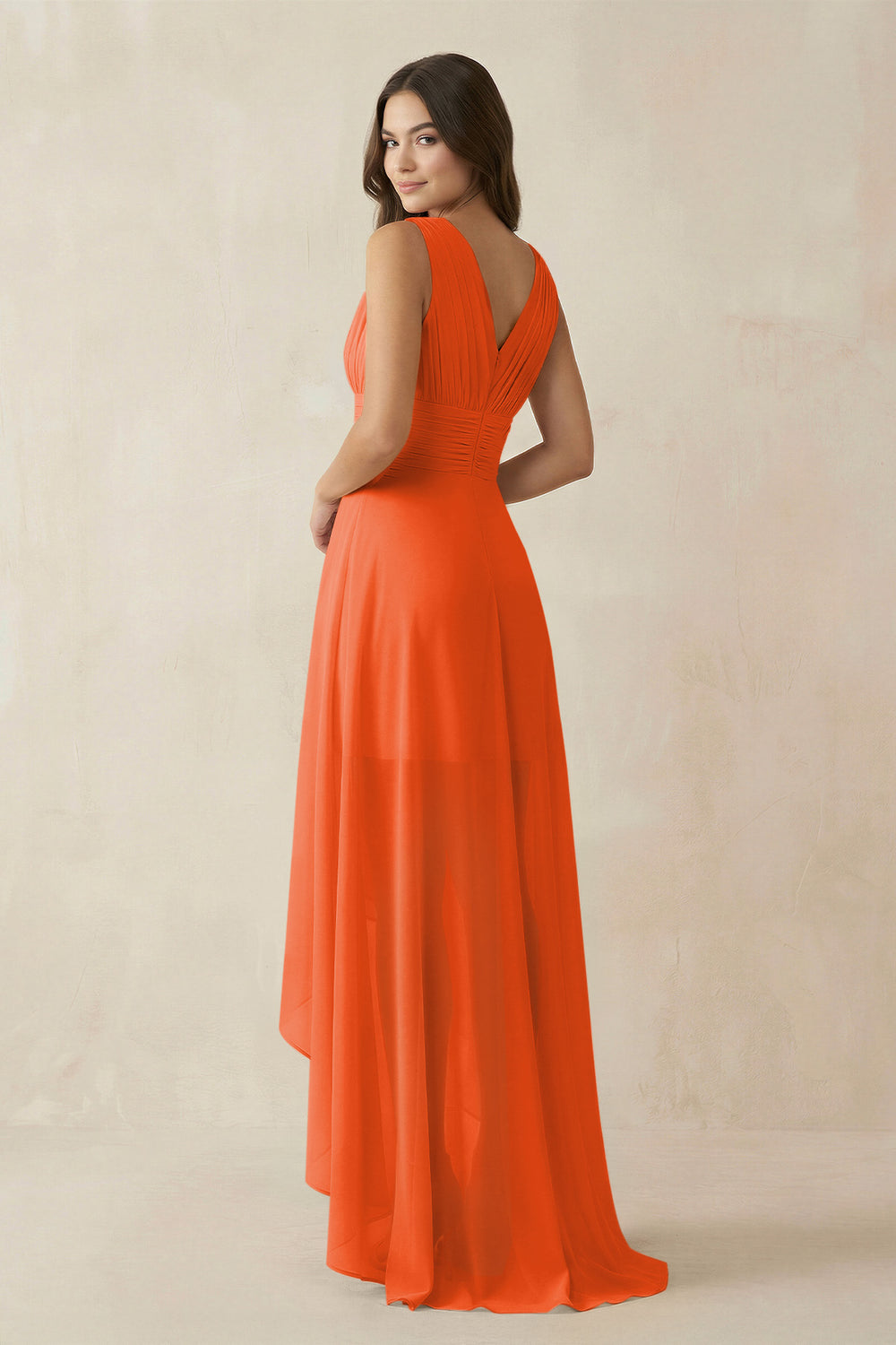 V-Neck High-Low Chiffon Bridesmaid Dress in Cinnamon
